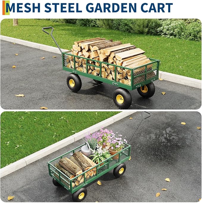 Garvee 900 lbs Steel Garden Dump Cart with Removable Sides, Convert to Flatbed, Heavy Duty Yard Cart with 180°Rotating Handle & 10" All Terrain Wheels, Utility Dump Wagon for Lawn Farm Backyard