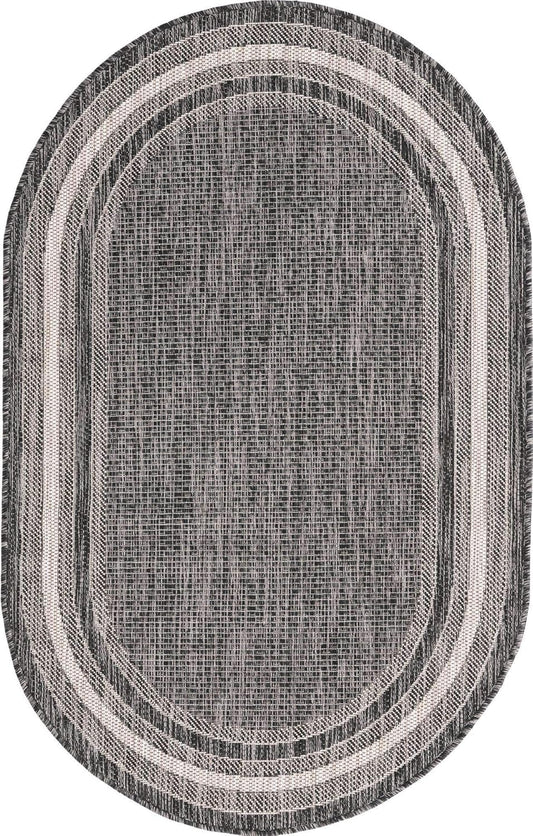 Unique Loom Outdoor Border Collection Area Rug - Soft Border (3' 3" x 5' 3" Oval, Black/ Ivory)