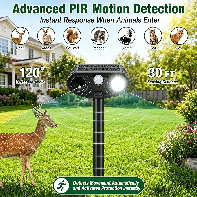 4 Pack Sonic Fortress Pro Deer Repellent Device Outdoor,Solar Animal Repeller for Garden, Squirrel Fortress Pro with PIR Sensor & Flashing Light for Rabbit Fox Raccoon Coyote Cats Repellent Outdoor