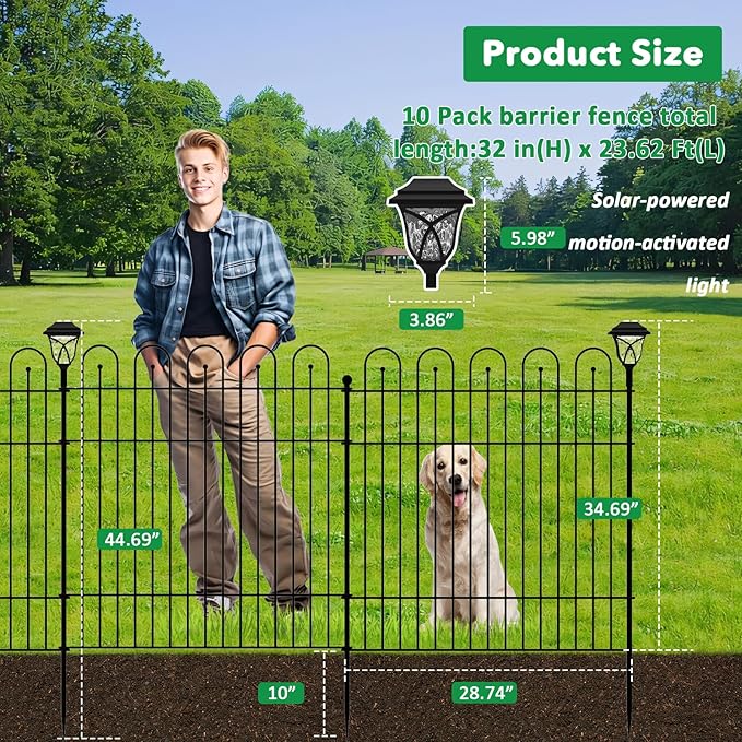 Garden Fence Animal Barrier with Solar Garden Lights, 32 in (H) x23.6ft (L) Decorative Garden Fence, 10 Panels No Dig, Rustproof Metal Temporary Fence, Dog Fence Outdoor for Yard, Patio