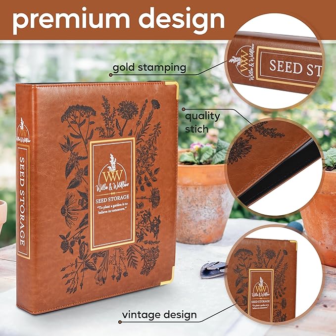 Create-ables Willow and Wildflower Garden Seed Organizer Binder, Seed Storage Organizer, Garden Binder Book for Packet Storage Catalog Can Store 120 Packets with Dibber and Widger (Classic Brown)