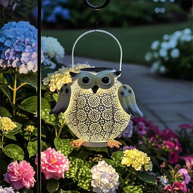 1 Pack Hanging Solar Lanterns - Garden Light Waterproof Metal Decorative Solar Lantern Lights Outdoor for Patio Yard Table Pathway (White owl 1pk)