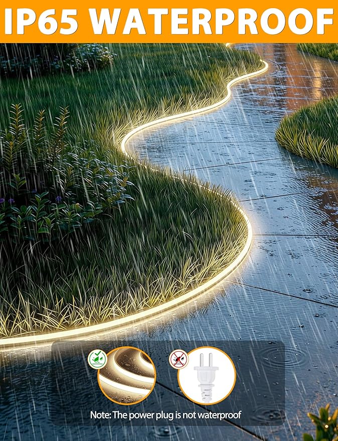 Lamomo COB LED Strip Lights 65.6Ft, Natural White Outdoor Led Rope Light, Waterproof Flexible Silicone Cuttable 4000K Neon Led Lights for Bedroom Garden Commerica Holiday Decor, CRI90+, AC 120V
