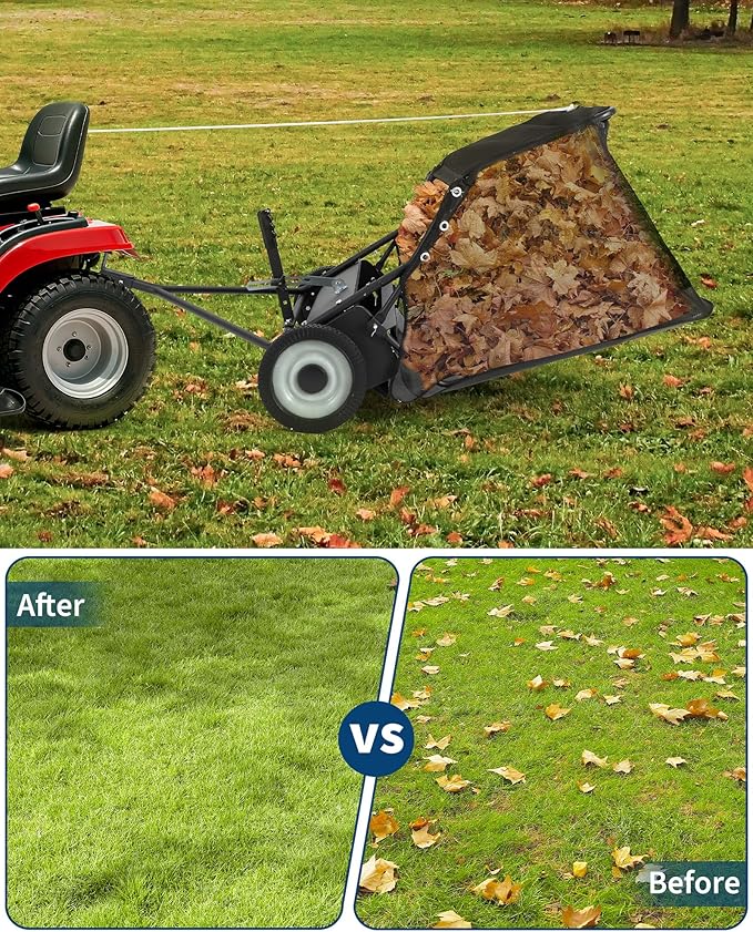 Garvee 48" Lawn Sweeper Tow Behind, Pull Behind Yard Sweeper, 26 Cu. Ft Large Hopper Leaf & Grass Collector, Heavy Duty Garden Sweeper with Adjustable Sweeping Height for Yard, Lawn, Farm
