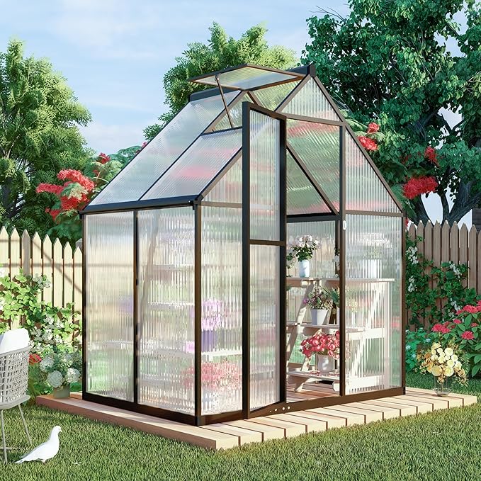 6 x 4 FT Greenhouse for Outdoors, Polycarbonate Greenhouse with Quick Setup Structure and Roof Vent, Aluminum Large Walk-in Green House for Outside Garden Backyard, Charcoal Black