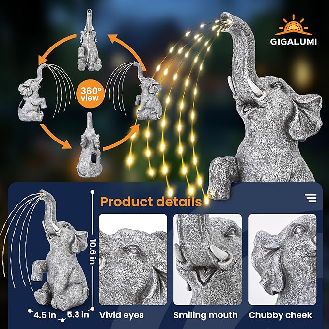 GIGALUMI Solar Garden Decor Upgraded Elephant Statues Outdoor, Birthday Gifts for Women Mom Grandma Senior Elder, Elephant Ornament for Balcony, Garden, Patio, Yard, Lawn (Twinkling Lights Only)