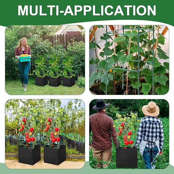 Wenqik 4 Pack Tomato Cage with 17.7 Gallon Large Grow Bags 47 Inch Tomato Planter with Trellis, 18 Clips and 328ft Twist Tie Garden Plant Pot Stakes Support for Vertical Climbing Cucumber