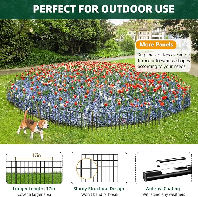 31ft(L) x 13in(H) Animal Barrier Fence, 22 Panels No Dig Garden Fence for Dog Rabbit, Rustproof Anti Digging Barrier, Garden Edging Border Ground Defense for Outdoor, Yard, Patio