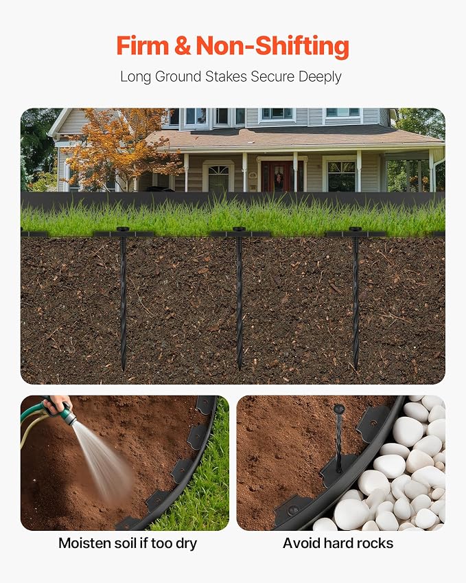 VEVOR Landscape Edging, 20 ft x 2 in Plastic Garden Border Edging with 20 Spikes, No Dig, Flexible Lawn Edgings Roll, UV-Resistant Mini Fence Borders Pathway Edgings for Flower Beds Yard Paver