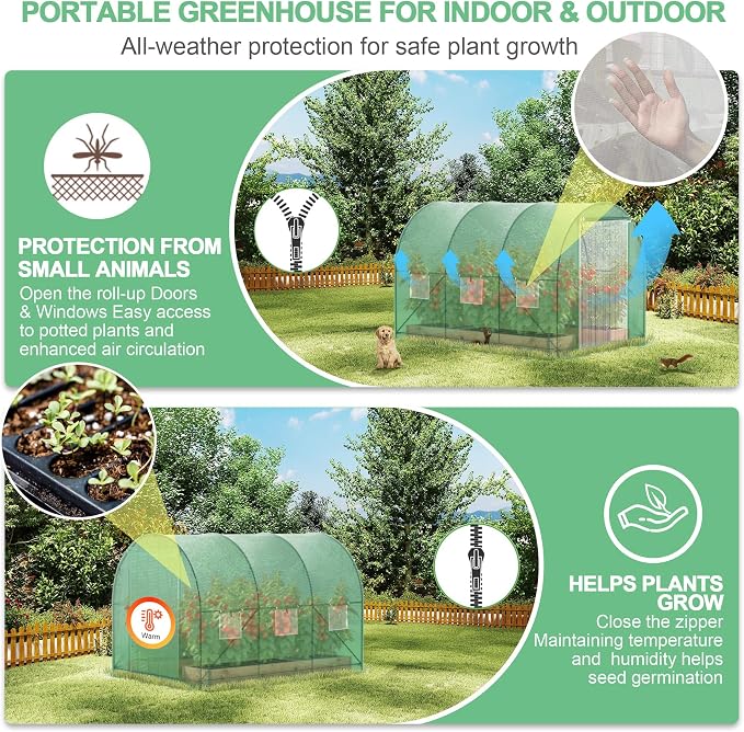 10x7x7 FT Walk-in Greenhouse for Outdoors for Winter Plant Protection,6-Ventilated Screen Window Portable Greenhouse W/ 2-Zipper Door,PE Cover & Heavy Duty Frame