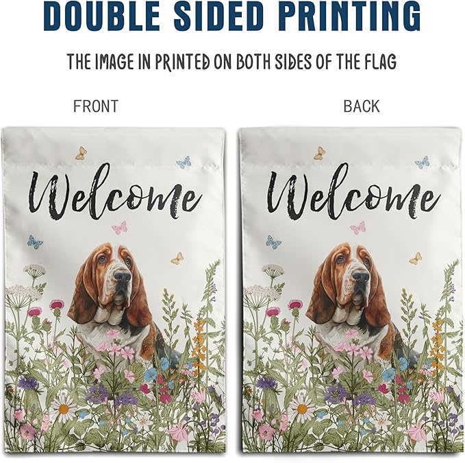Floral Basset Hound Garden Flag Spring Summer House Flags 28 x 40 Double Sided Flower Dog Yard Flags for Outside Large Outdoor Welcome Flags