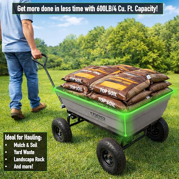 Yard Commander - 4 Cu.Ft. 600LB Poly Garden Cart Dump Wagon, Heavy Duty 4 Wheel Wheelbarrow, Quick Release 45 Degree Dumping, Yard Cart Dump Wagon with 10in All Terrain Wheels, Steel Frame