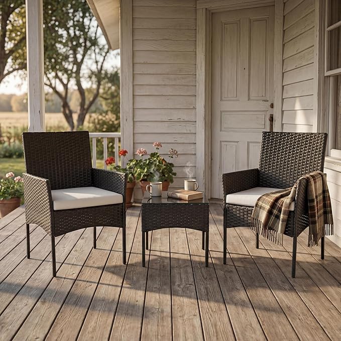 Sweetcrispy 3 Piece Patio Furniture Set, All-Weather Outdoor Conversation with Removable Cushions & Tempered Glass Table, Small Wicker Bistro Set for Balcony, Porch, Backyard, Deck, Black