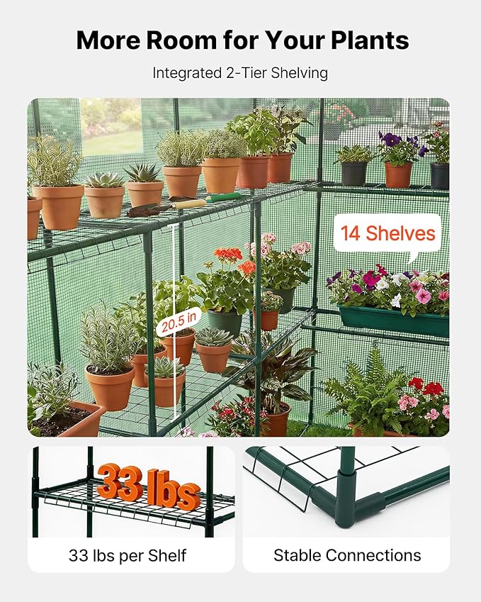 VEVOR Walk-in Greenhouse, 54" x 81.1" x 77.2" Greenhouse for Outdoors with Windows, PE Cover, 2 Tiers 14 Shelves, Roll-Up Zipper Door, Walk in Green House, Portable Plant Garden Hot House for Backyard