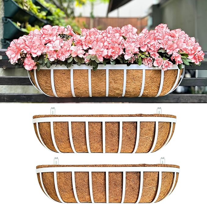 LaLaGreen Deck Railing Planter Boxes (2 Pack, 30") White Metal Rectangular Window Flower Box with Coco Liner, Large Wall Hanging Planter for Outdoor Plants Balcony Fence Deck Rail Porch Patio Garden