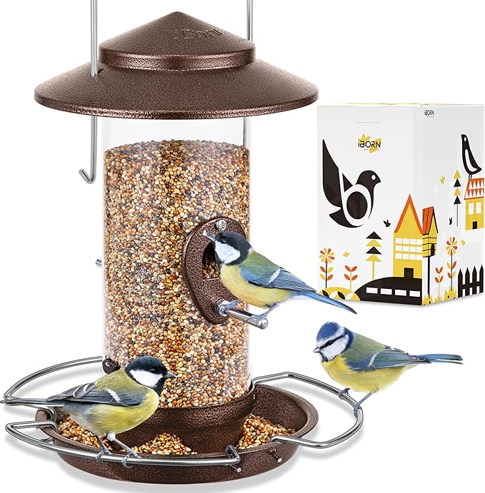 iBorn Bird Feeder Squirrel-Chew Proof Metal Hanging Birds Feeder Bird Feeders for Outdoors Hanging Outside for Cardinal, 3 Perches with 2 Feeding Ports, Brushed Coffee (Seed is not Included)