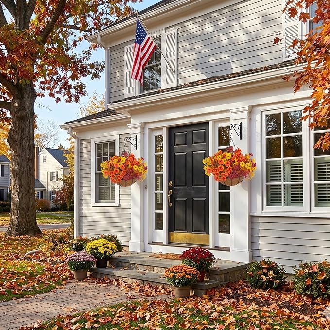 Hananona 2 Set Artificial Outdoor Fall Flowers with Hanging Basket, 2 Hanging Planters with 24 Pcs Flowers for Autumn Front Porch Garden Patio Home Decor (2, Orange,Yellow,Burgundy)