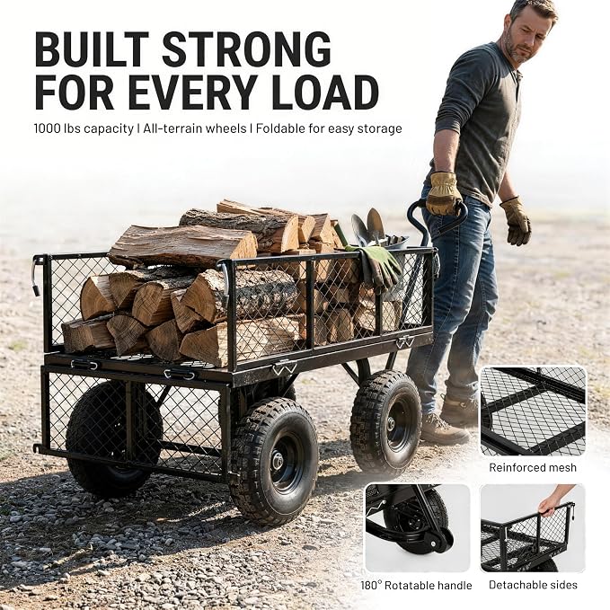 Finnhomy Heavy Duty 1000 Lbs Capacity Mesh Steel Garden Cart, Pullable Garden Wagons Carts on Wheels, Folding Utility Wagon with Removable Sides for Outdoor, Yard, Lawn, Black