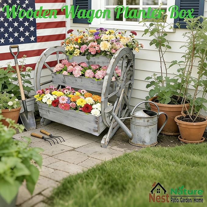 3 Tier Large Wooden Wagon Planter Box|Outdoor Planter/Flower Pot for Indoor&Outdoor Plants-Rustic Garden Planter for Patio,Porch&Garden Decor-Raised Garden Bed for Succulents,Herbs,Vegetables