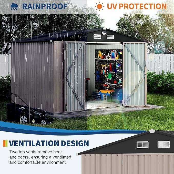 8X10 ft Outdoor Metal Storage Building, Solar lamp, Secure Lockable Door & Air Ventilation System, Premium Metal Tool Shed for Garden, Backyard, Patio, Ideal for Lawn Equipment & Tools