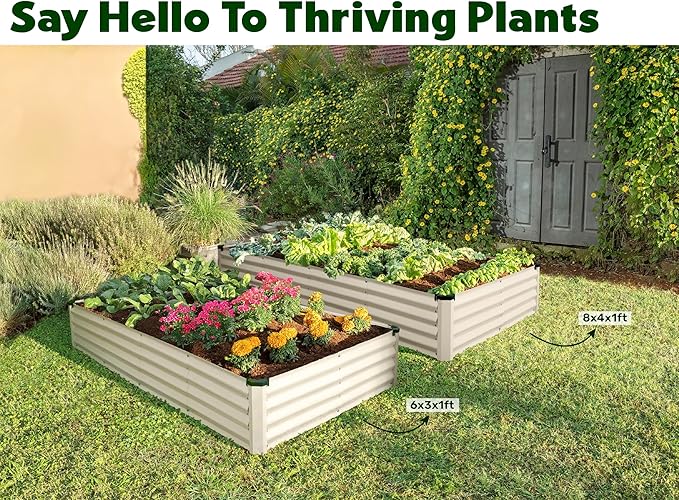 Plant & Plot Galvanized Raised Garden Beds Outdoor // 6×3×1 ft Planter Raised Beds for Gardening, Vegetables, Flowers // Large Metal Garden Box (White) // Patented Tool-Free Design