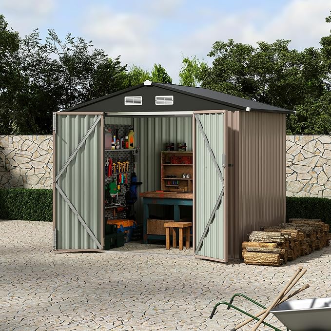 Takywep 6×8FT Outdoor Storage Shed, Galvanized Steel Utility Shed with Lockable Door & Vents - Waterproof Metal Garden Shed for Lawn Mower, Bike, Tools, Brown