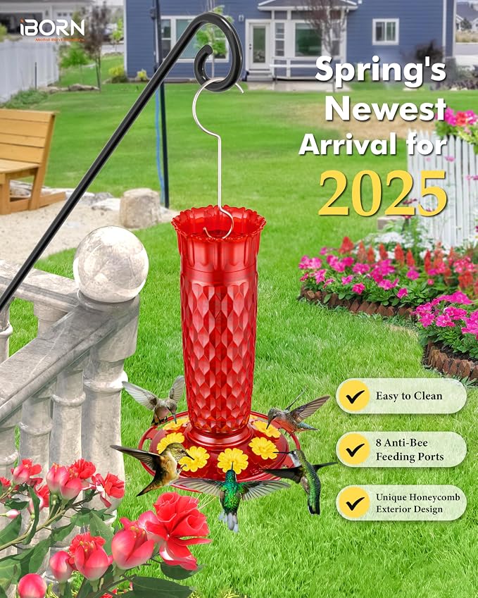 iBorn 16OZ Hummingbird Feeders for Outdoors with Built-in Ant Moat&28" Wall Mount Deck Hook,180° Rotatable Arm, Solid Wire, Pack of 1