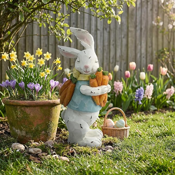 GoGnome Easter Decorations Bunny Resin Figurine with Carrots – 9.3'' Hand-Painted Rabbit Outdoor Statue, Spring Farmhouse Garden Decor for Easter, Mantel, Shelf, or Gift (White/Blue/Orange)