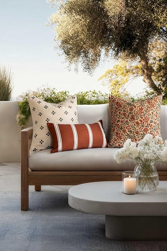 Crumbs Home Modern Farmhouse California Casual Indoor Outdoor Throw Pillow Cover, 20"x20" Water Repellent for Patio, Backyard, Couch, Poolside, Rust Orange Print Sketch Botanical Flowers and Leaves