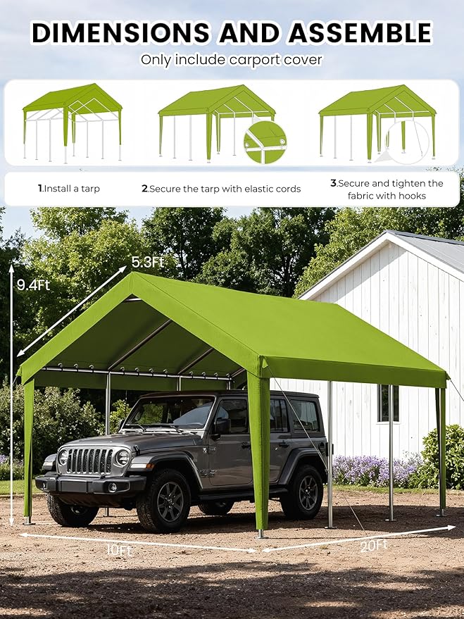 10 x 20 Ft Carport Replacement Cover, Heavy Duty Outdoor Car Tarp Canopy, Waterproof & UV Protected Tear Oxford Tarp with Ball Bungees (Frame is Not Included)