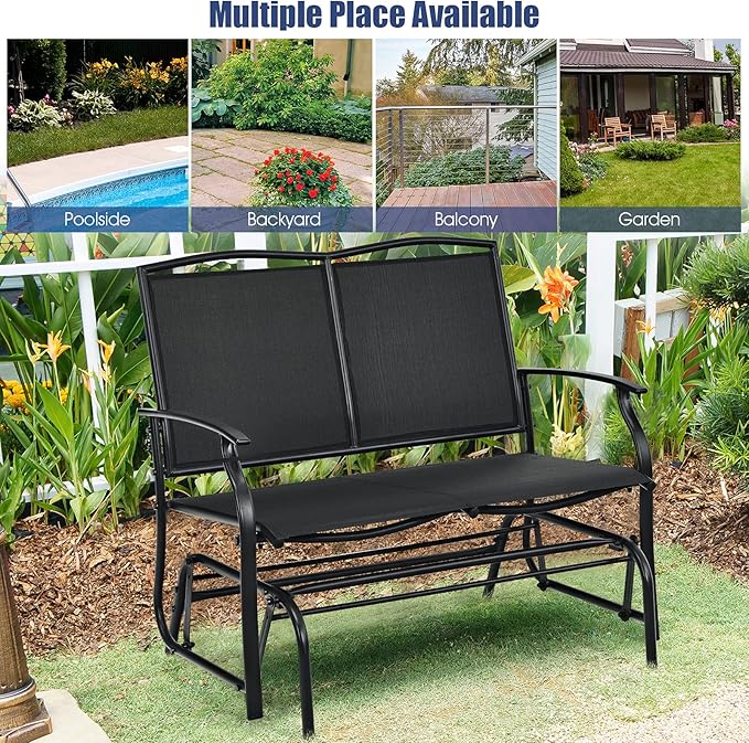 Giantex Patio Glider Benches for Outside, Swing Glider Chair with Steel Frame, 400 LBS Capacity, Patio Swing Rocker, 2-Person Loveseat for Backyard, Poolside, Lawn, Balcony, Porch Glider Bench(Black)