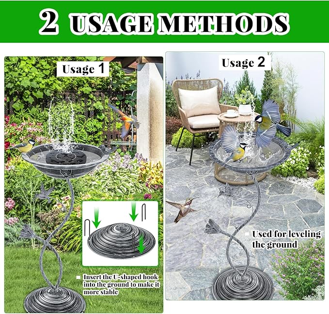 Bird Bath Garden for Outside, Vintage Metal Birdbaths Bowl with Roman Pedestal for Outdoors, Standing Bird Bath Bowl Birdfeeder for Yard Lawn Decor (Vintage Silver - Hummingbird)