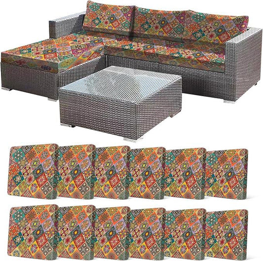 CALBODE 12Pcs Stretch Patio Cushion Cover, Bohemian Colored Geometric Pattern Couch Covers for Patio Furniture Cushions Washable Reusable Couch Covers Replacement for Fall Winter(Cover Only)