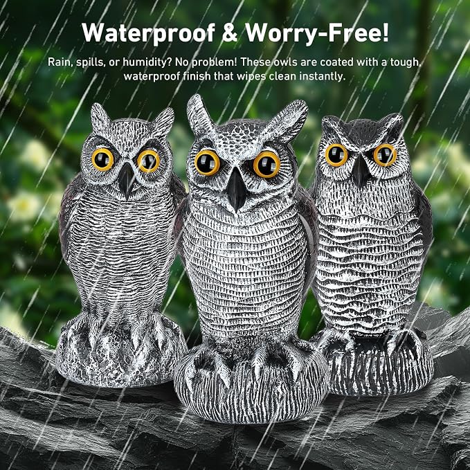 3-Pack Realistic Owl Statues for Outdoor Decor – Garden, Yard, Patio Decoration – Lifelike Bird Sculpture for Bird Control