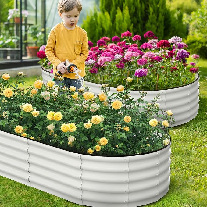 GarveeLife 2 Pcs 6x3x1 ft Oval Raised Garden Bed, Galvanized Raised Beds,Open-Ended Base Metal Raised Planter Beds,Garden Bed Outdoor,Planter Raised Boxes for Vegetables, Flowers,Tool-Free Asse,White