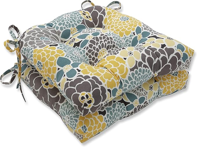 Pillow Perfect Bright Floral Indoor/Outdoor Chairpad with Ties, Reversible, Tufted, Weather, and Fade Resistant, 15.5" x 16", Blue/Tan Lois, 2 Count