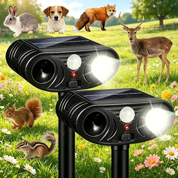 2 Pack Sonic Fortress Pro Deer Repellent Device Outdoor,Solar Animal Repeller for Garden, Squirrel Fortress Pro with PIR Sensor & Flashing Light for Rabbit Fox Raccoon Cats Repellent Outdoor