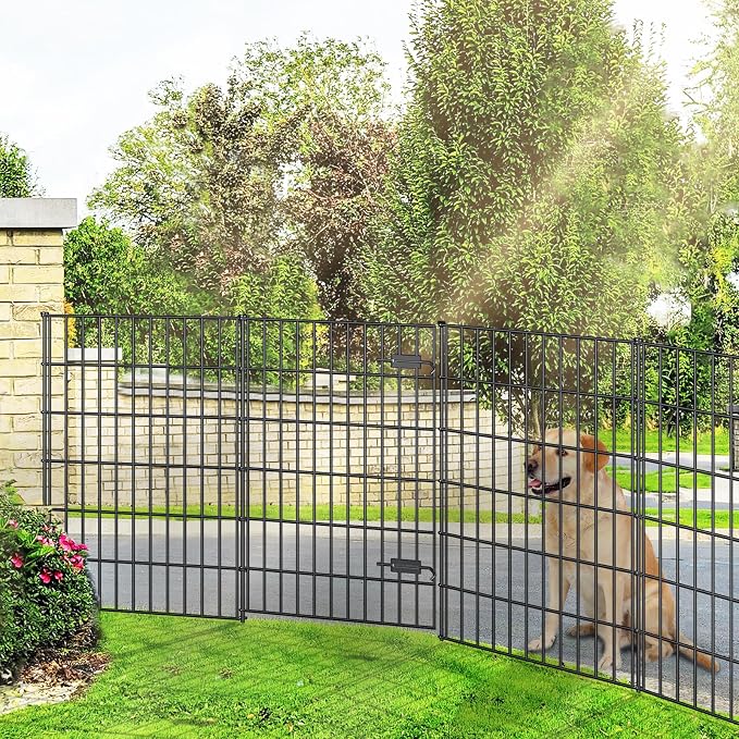 FOREHOGAR Metal Garden Fence with Gate 40in (H) x 11.7ft (L), 1 Gate + 4 Panels Dog Fence Border Fence Animal Barrier, No Dig Garden Fencing for Yard Flower Bed Lawn Patio Outdoor, PIN402805G Black