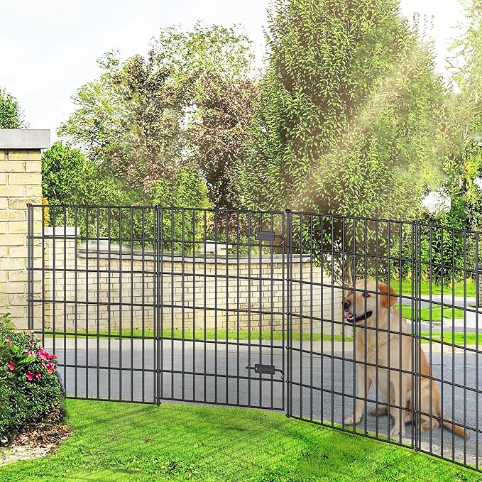 FOREHOGAR Metal Garden Fence with Gate 40in (H) x 23.3ft (L), 1 Gate + 9 Panels Dog Fence Border Fence Animal Barrier, No Dig Garden Fencing for Yard Flower Bed Lawn Patio Outdoor, PIN402810G Black