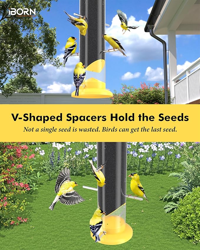 iBorn Finch Feeders for Outside,14 Inch Tube Bird Feeders for Outdoors Hanging,Metal Finch Feeders for Thistle Seed with 12 Small Ports,8 Metal Perches,Yellow,2 Pack