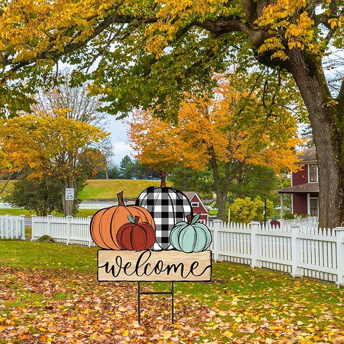 JarThenaAMCS Fall Pumpkin Metal Garden Stakes Farmhouse Rustic Pumpkin Decorative Lawn Sign Autumn Harvest Welcome Yard Sign for Thanksgiving Home Outside Lawn Porch Decor