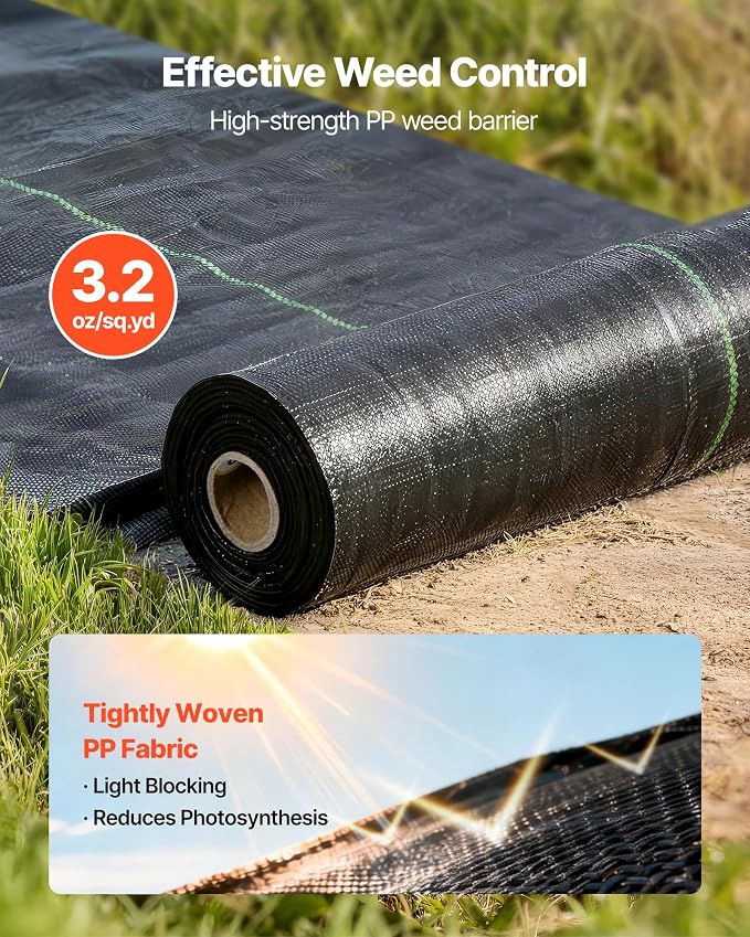 VEVOR Weed Barrier Fabric Heavy Duty, 1.3x100FT 3.2oz Landscape Fabric, Woven Weed Blocker Fabrics, Garden Fabrics Weeds Barrier, Weeds Control Ground Cover, Geotextile Webbing, Gardening Mat, Black