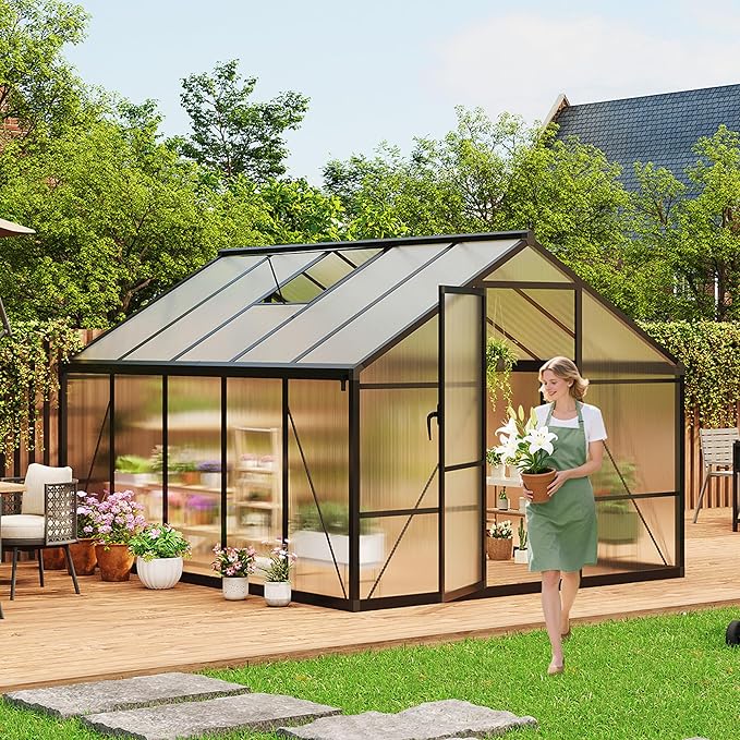Garvee 8 x 10 ft Greenhouse, Greenhouses for Outside, Polycarbonate Greenhouse with Aluminum Frame, Lockable Door and Ajustable Roof Vent for Backyard, Green Houses for Outside Garden Backyard, Patio
