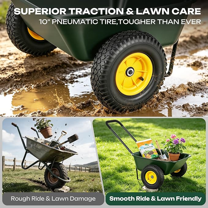 Autodaya 2 Wheel Wheelbarrow, Dual-Wheel Garden Dump Cart with 10" Non-Slip Pneumatic Tires & Ergonomic Padded Handle, Heavy-Duty Home Utility Yard Cart Wagon for Lawn, Farm, Porch, Gardening, Green