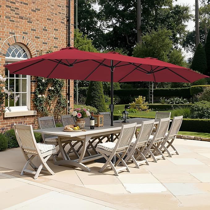 SUPERJARE 15FT Outdoor Patio Umbrella with Base Included, Double Sided Pool Umbrellas with Fade Resistant Canopy, Extra-Large Table Umbrella for Deck, Market, Backyard, Burgundy