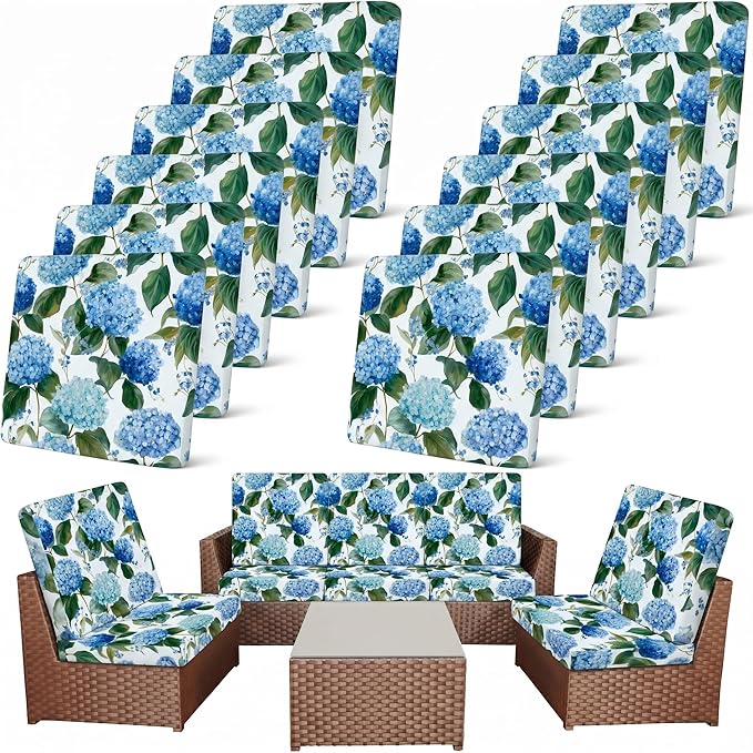 Newwiee 12 Pcs Patio Stretch Outdoor Cushion Covers Sofa Couch Cover Replacement Couch Slipcover Sofa Seat Chair Porch Patio Furniture Protector, Flexibility Washable(Blue Series,Hydrangea)