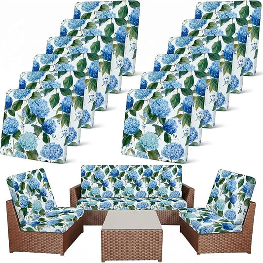 Newwiee 12 Pcs Patio Stretch Outdoor Cushion Covers Sofa Couch Cover Replacement Couch Slipcover Sofa Seat Chair Porch Patio Furniture Protector, Flexibility Washable(Blue Series,Hydrangea)