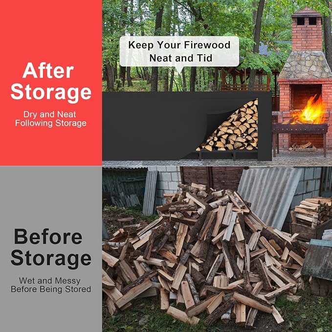 DIAMONDFORGE 8ft Firewood Rack Outdoor with Cover, Heavy Duty Fire Wood Stand, Metal Firewood Rack Indoor, Firewood Holder Storage, Log Wood Pile Racks Stand for Patio, Garden, Backyard, Matte Black
