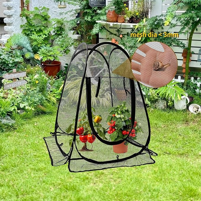 2 Pack Pop Up Plant Protectors, 28x28x32 Inch Mesh Plant Covers from Animals, Garden Netting Tent Cage with Stakes to Guard Vegetables & Flowers from Birds, Rabbits, Insects