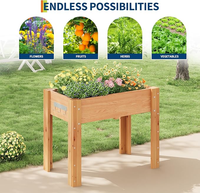 34x18x30IN Wooden Raised Garden Bed with Legs, Elevated Reinforced Large Planter Box for Vegetable Flower Herb Outdoor, Standing Growing Bed for Gardening/Backyard/Patio/Balcony, Liner Included